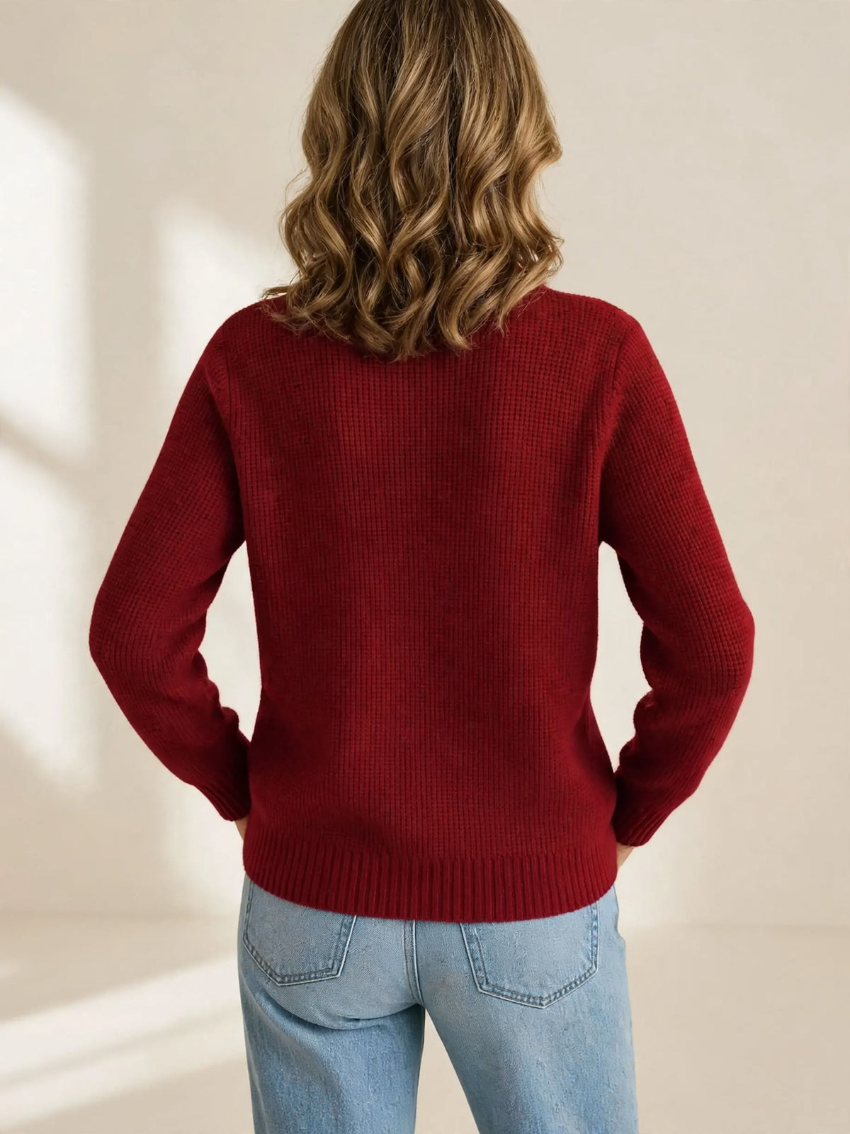 Amber – gebreid vest met knopen – Rood – achterkant