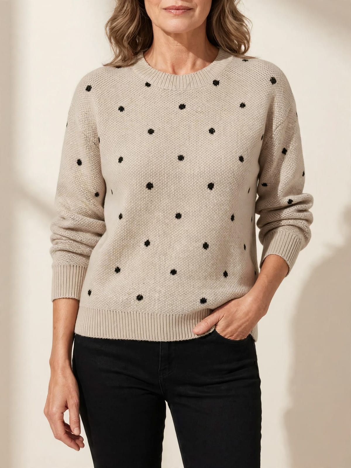 Angelique – trui met stipjes – Khaki – vooraanzicht
