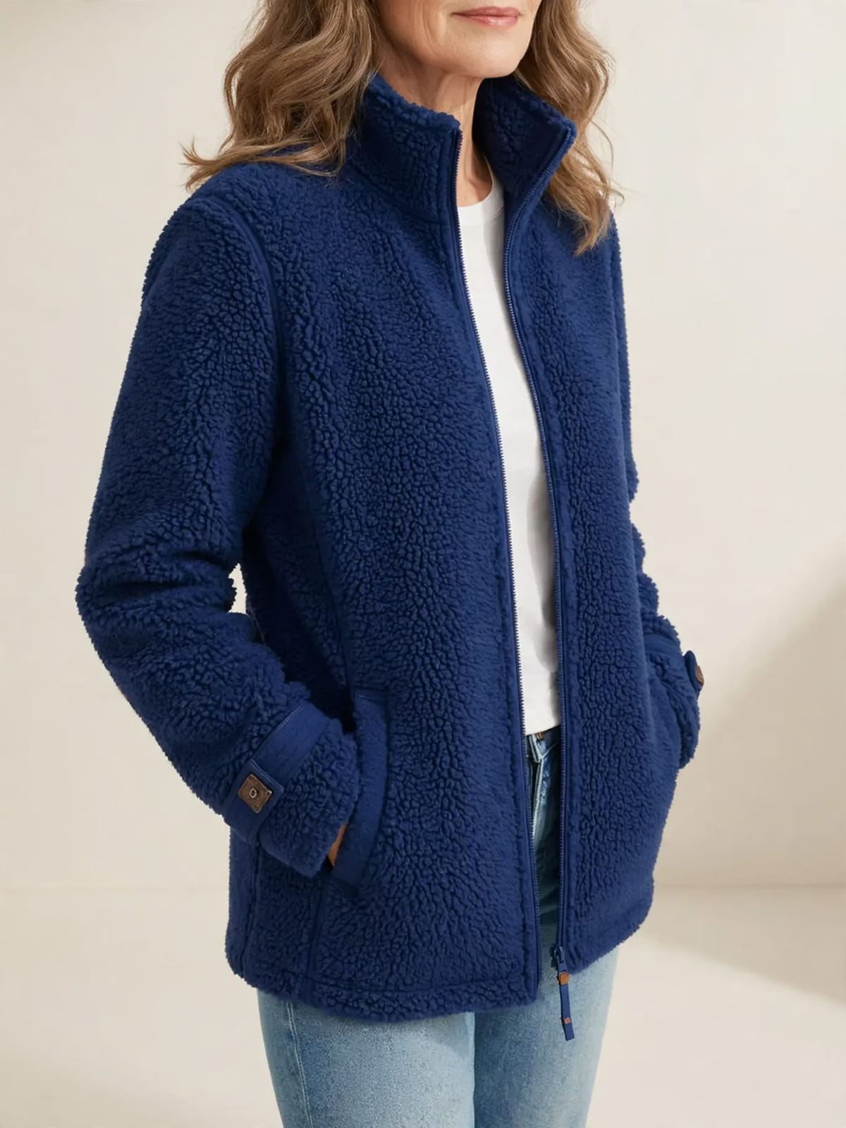Antoinette – teddy jas met opstaande kraag – Blauw – driekwart