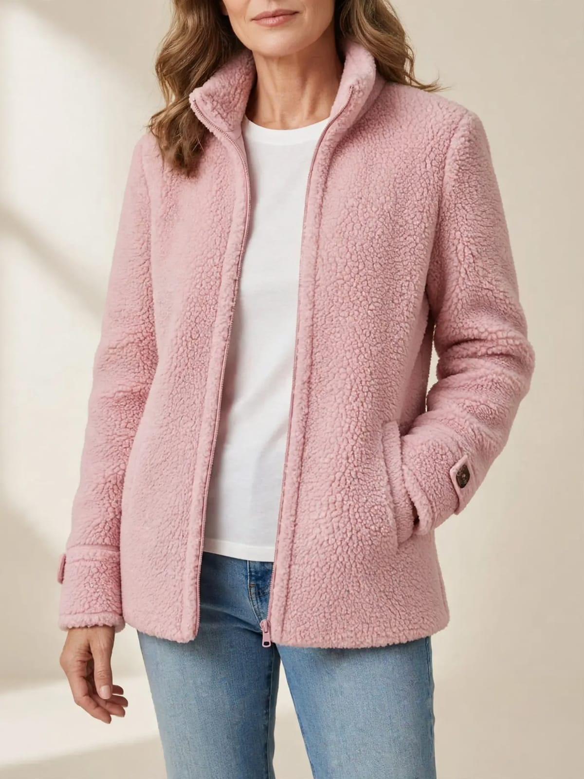 Antoinette – teddy jas met opstaande kraag – Roze – vooraanzicht