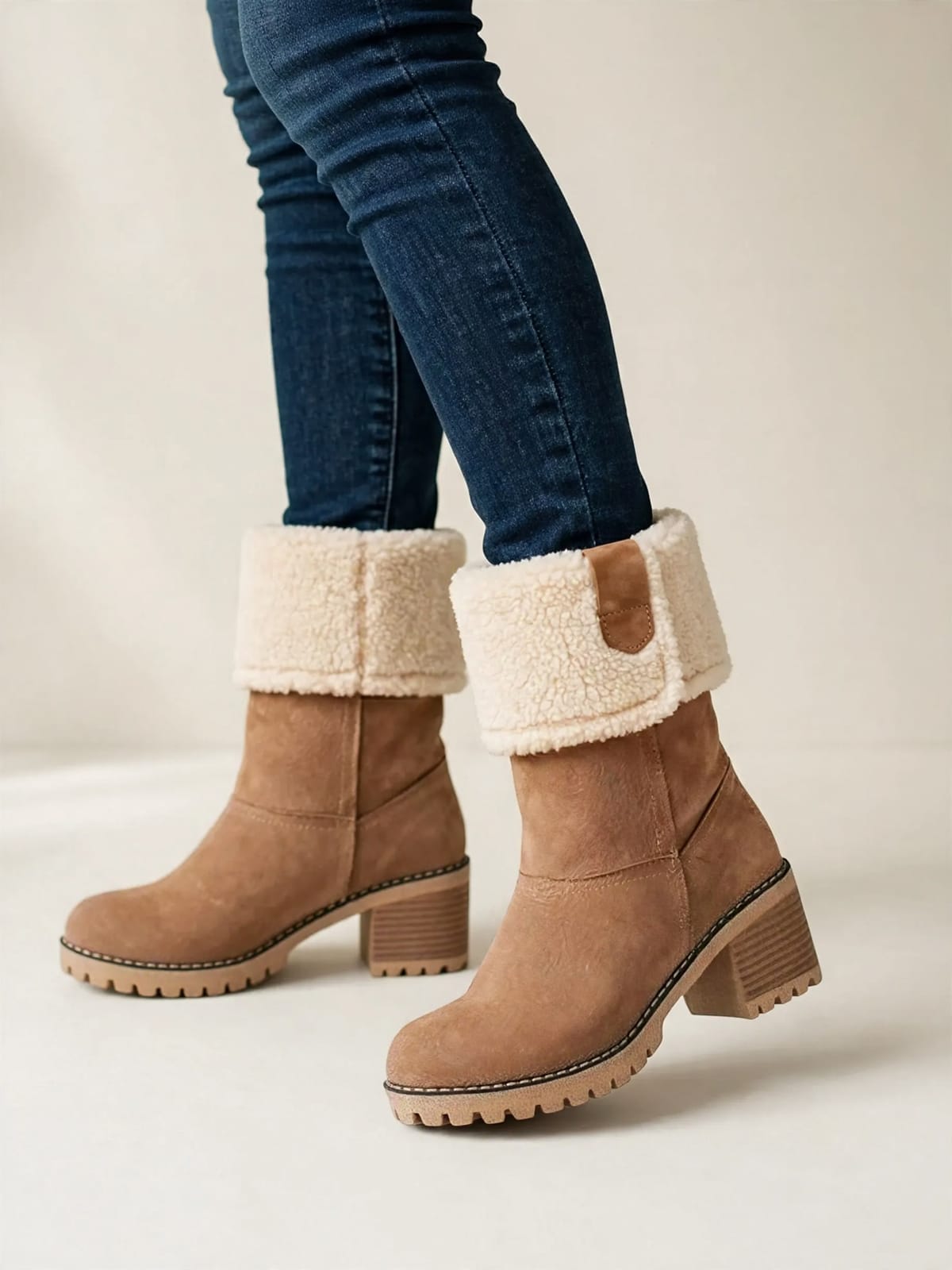Beatriz – laarzen met teddy-omslag – Khaki – gedragen voorkant