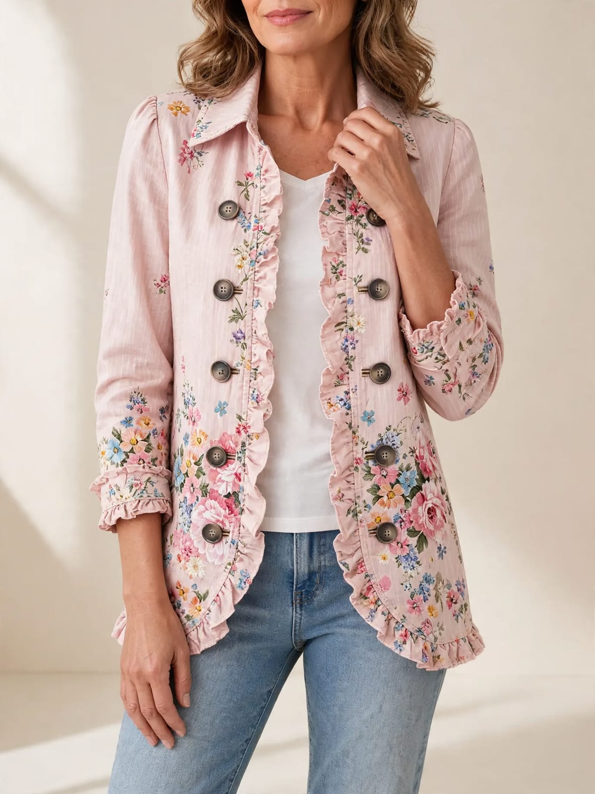 Bettany – roze jasje met bloemen – Hand bij kraag