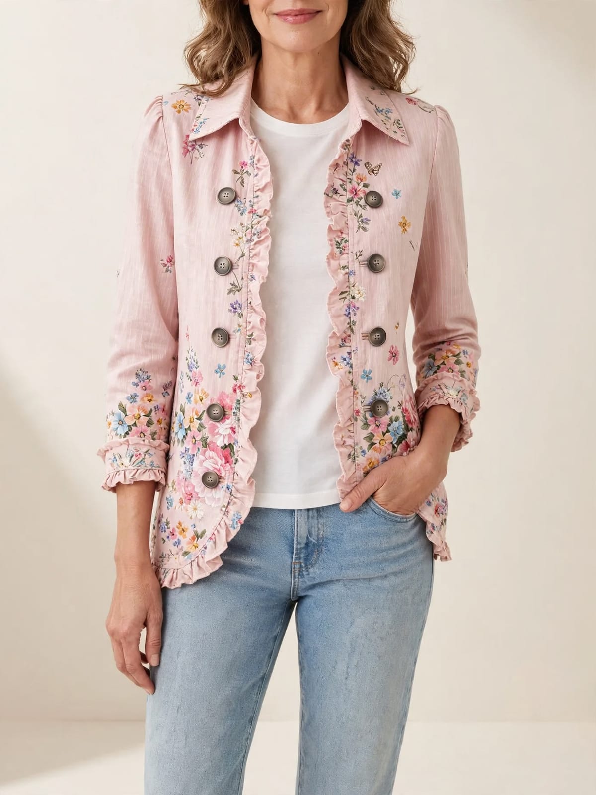 Bettany – roze jasje met bloemen – Vooraanzicht (open)