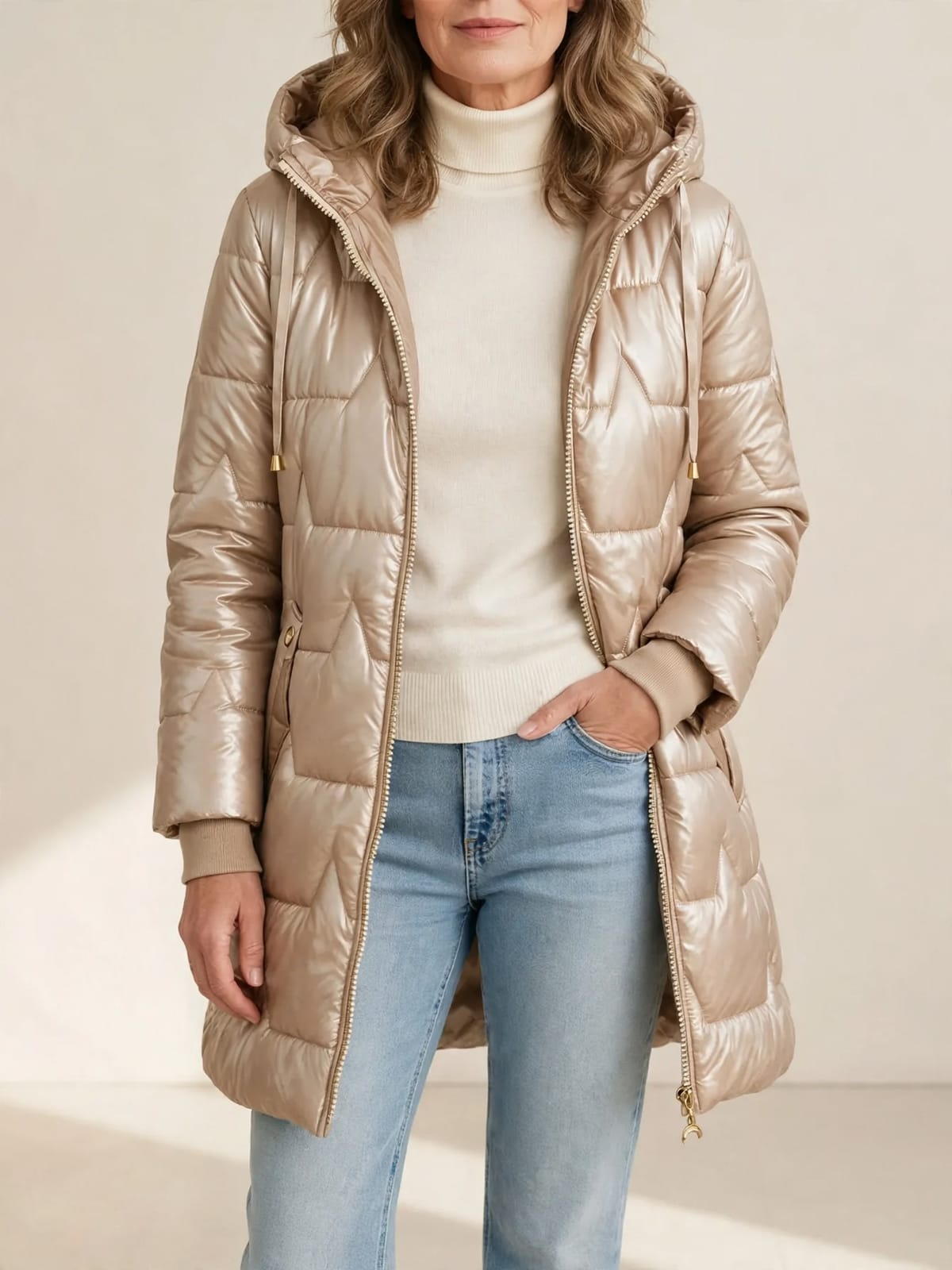 Carina – gewatteerde winterjas met capuchon – Beige – vooraanzicht