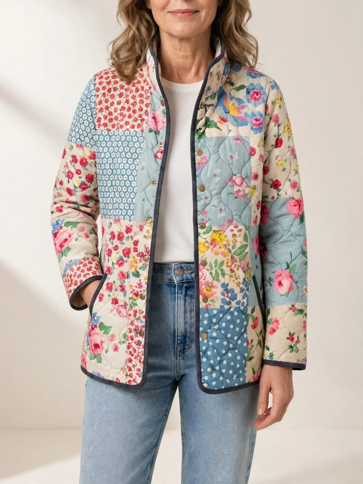Chloé – gequilt patchwork bloemenjasje – Vooraanzicht (open)