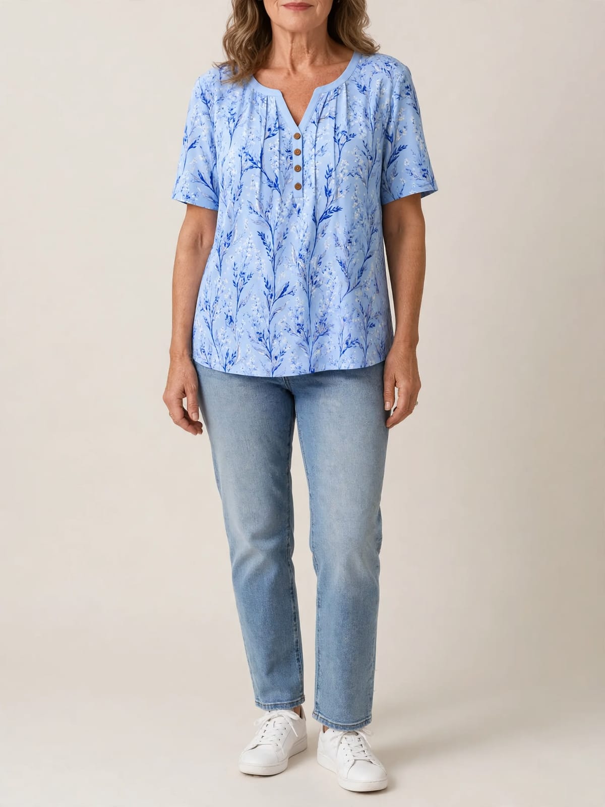 Coby – plissé blouse met bloemenprint – Blauw – hele lengte