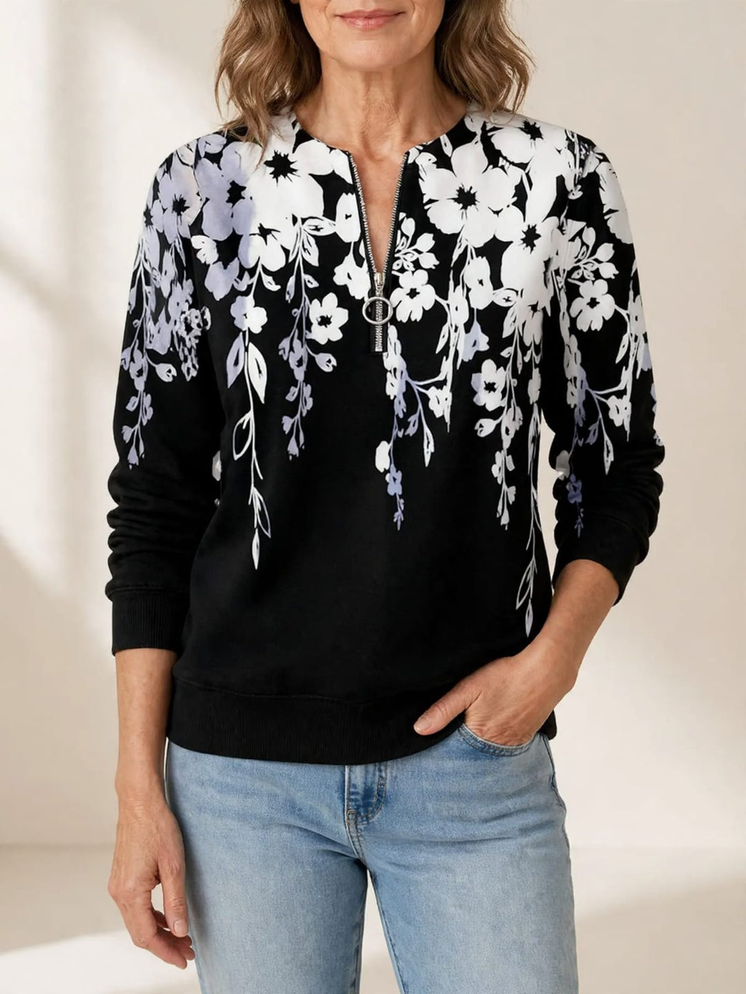Crimson | Sweatshirt met rits en bloemenprint