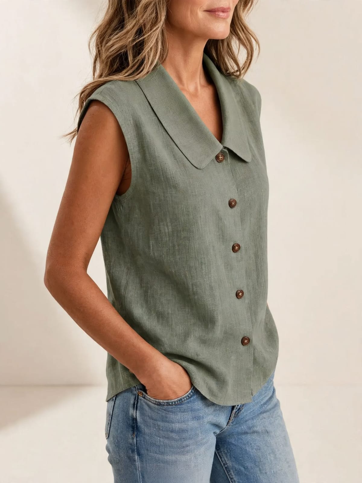 Cynthia – mouwloze blouse met kraag – Driekwart