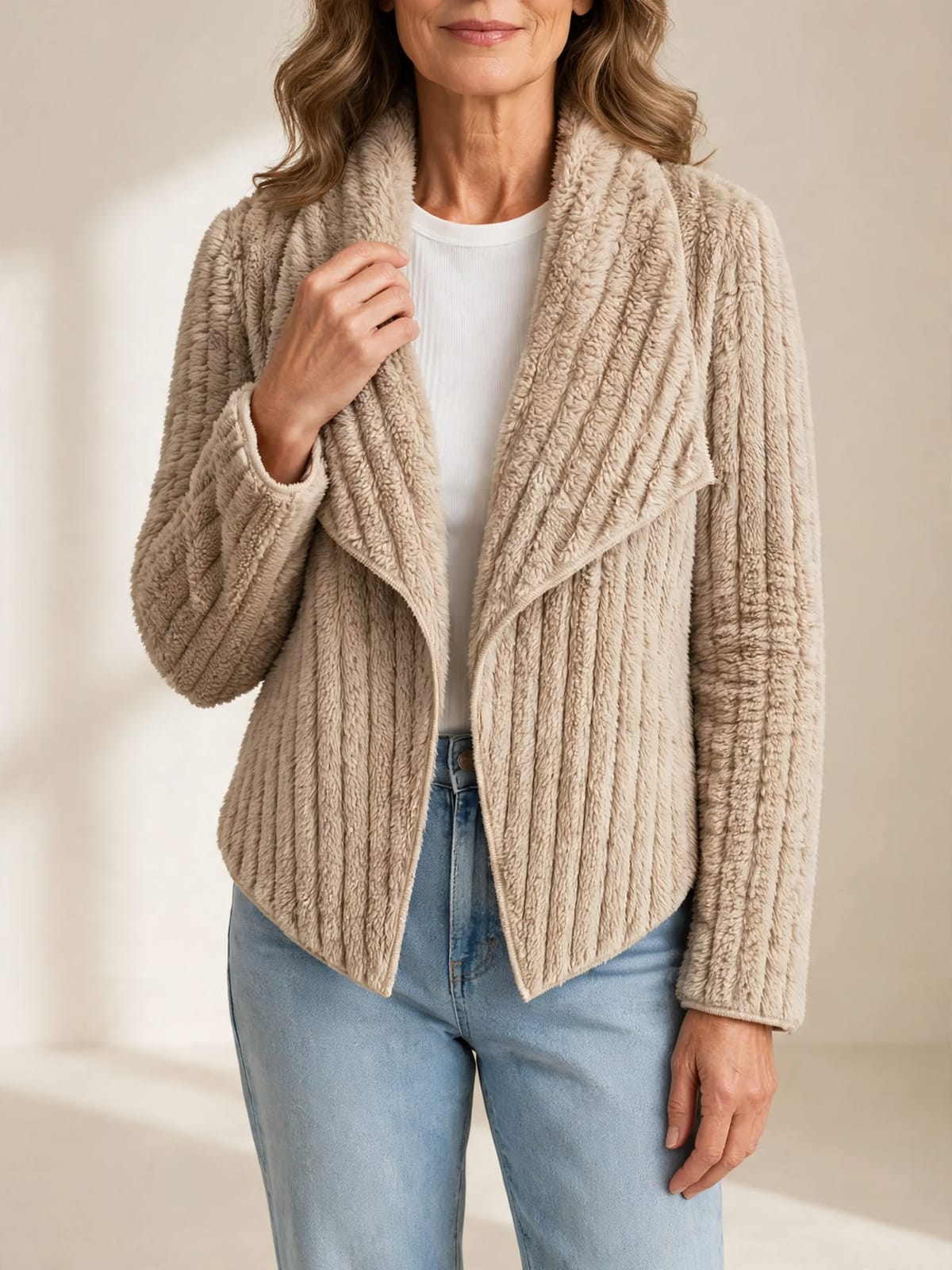 Danisha – teddy vest met ribstructuur – Hand bij kraag
