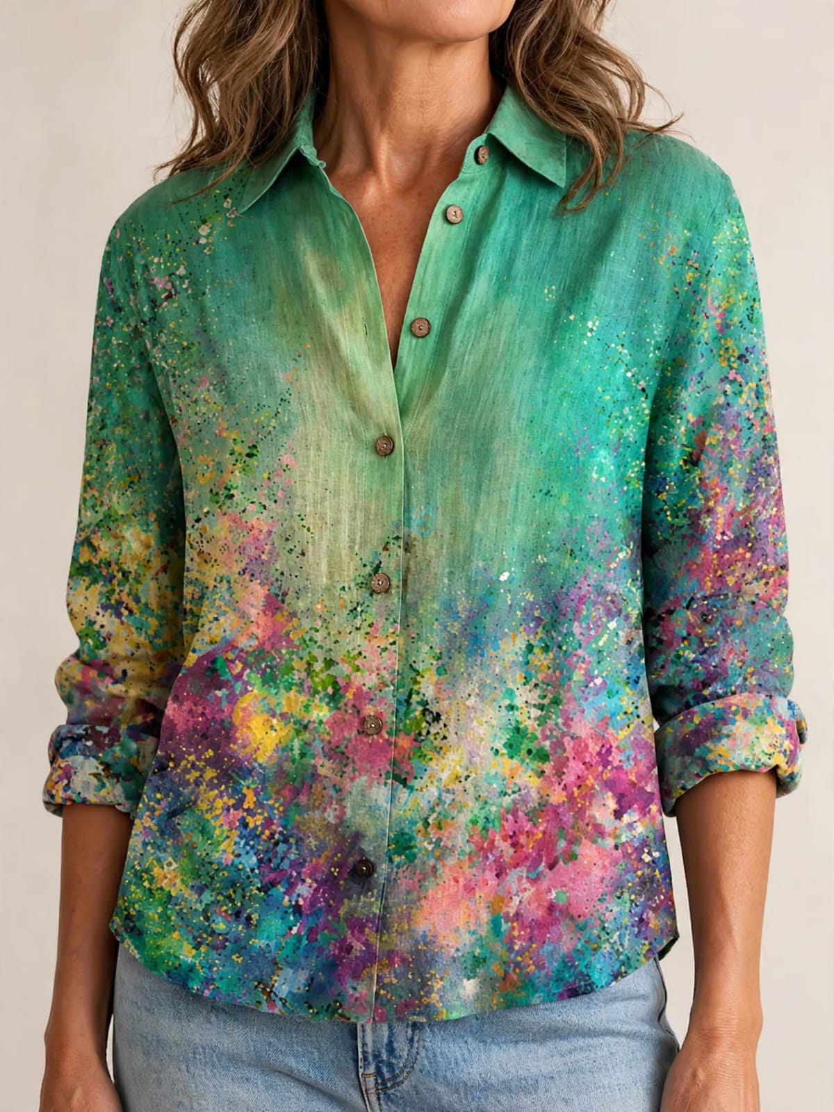 Emerald Meadow – blouse met kunstprint – Detail