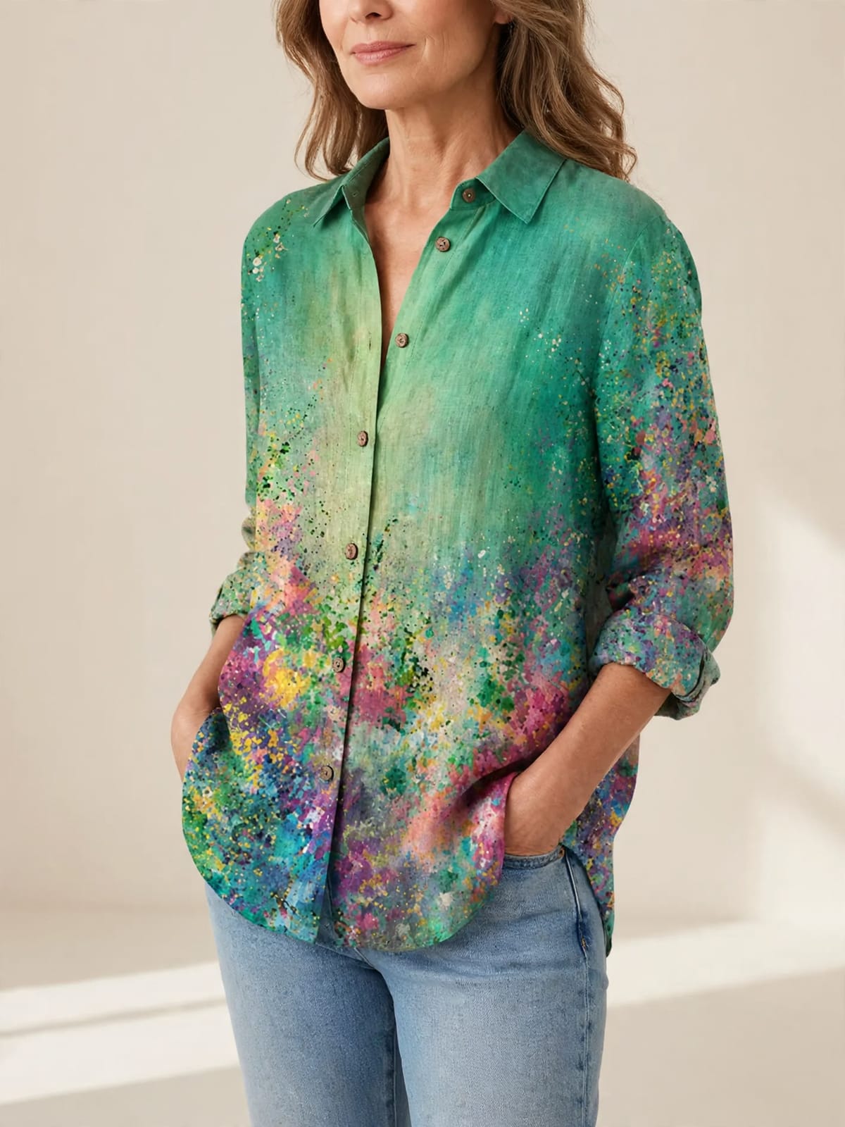 Emerald Meadow – blouse met kunstprint – Driekwart