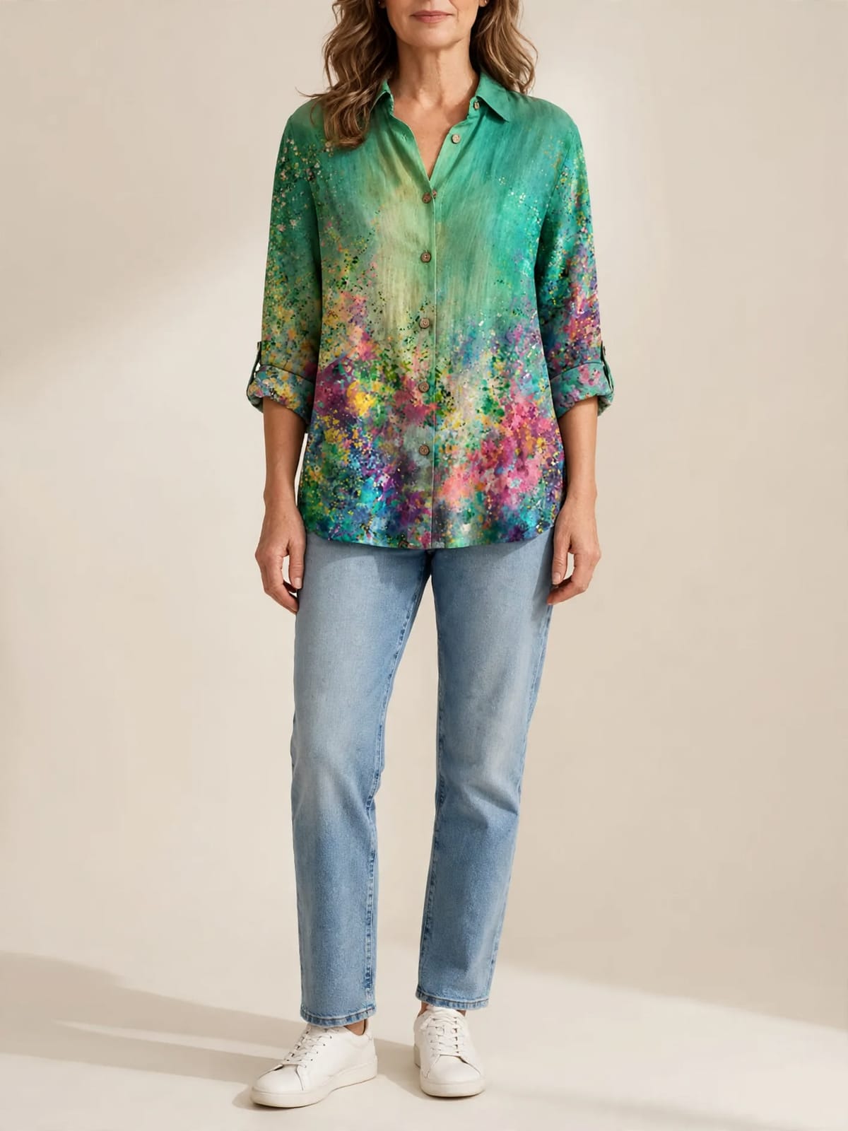 Emerald Meadow – blouse met kunstprint – Hele lengte