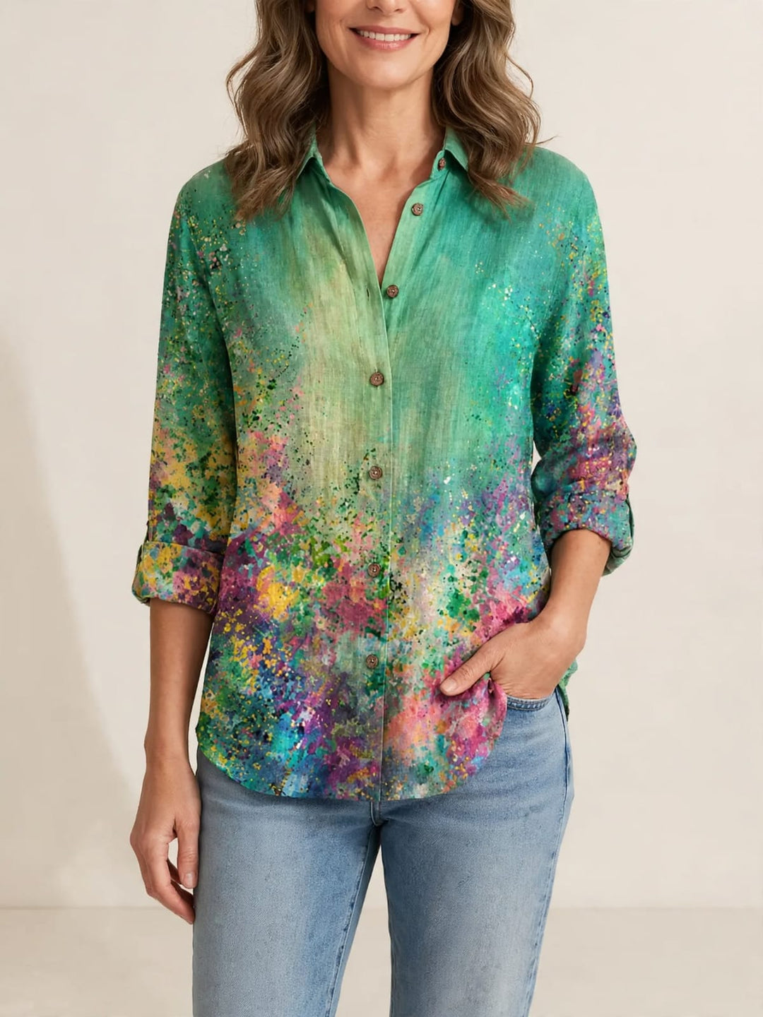 Blouse met smaragdgroene weideprint
