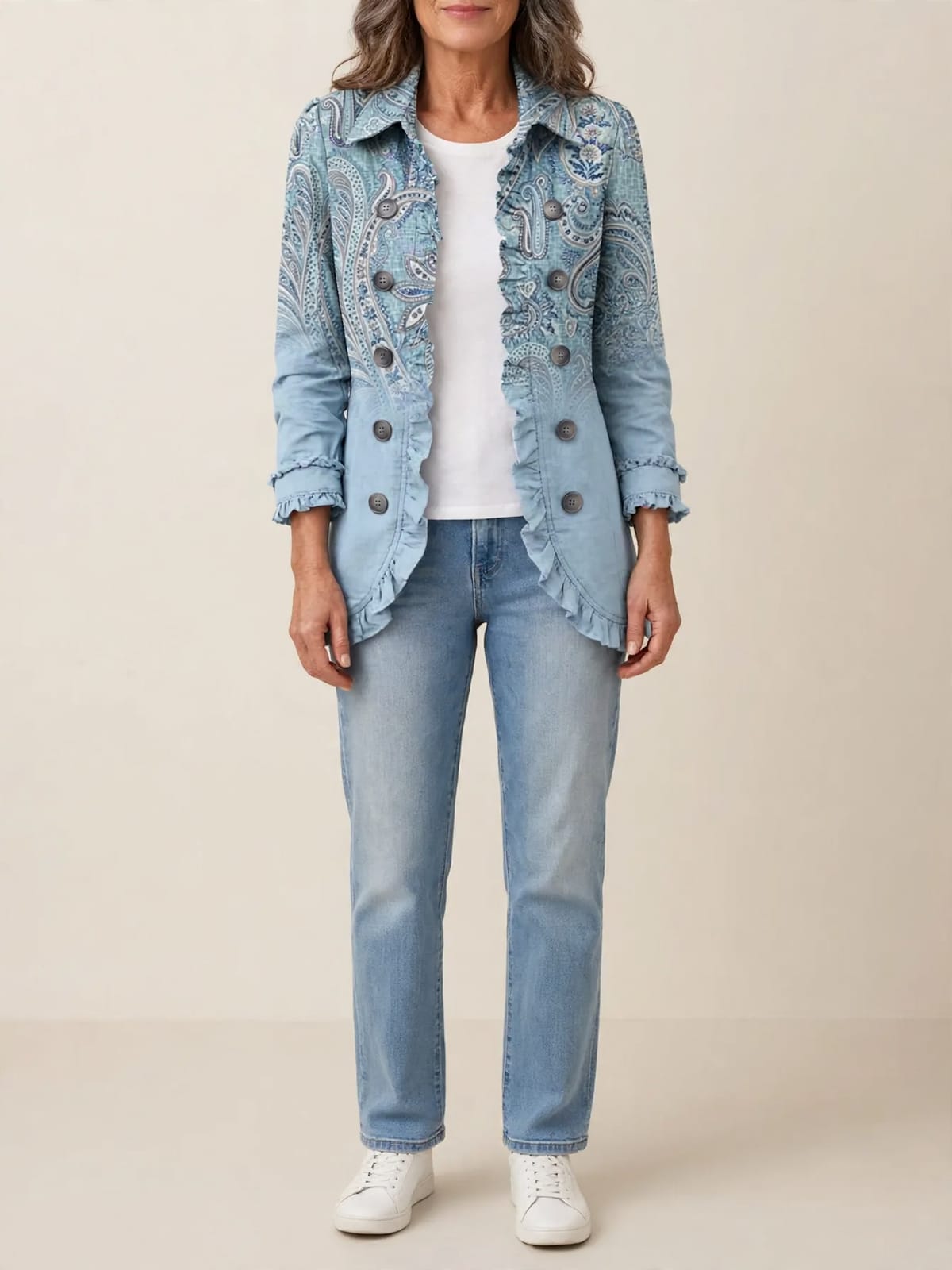 Estrella – paisley jasje met ruffles – Hele lengte