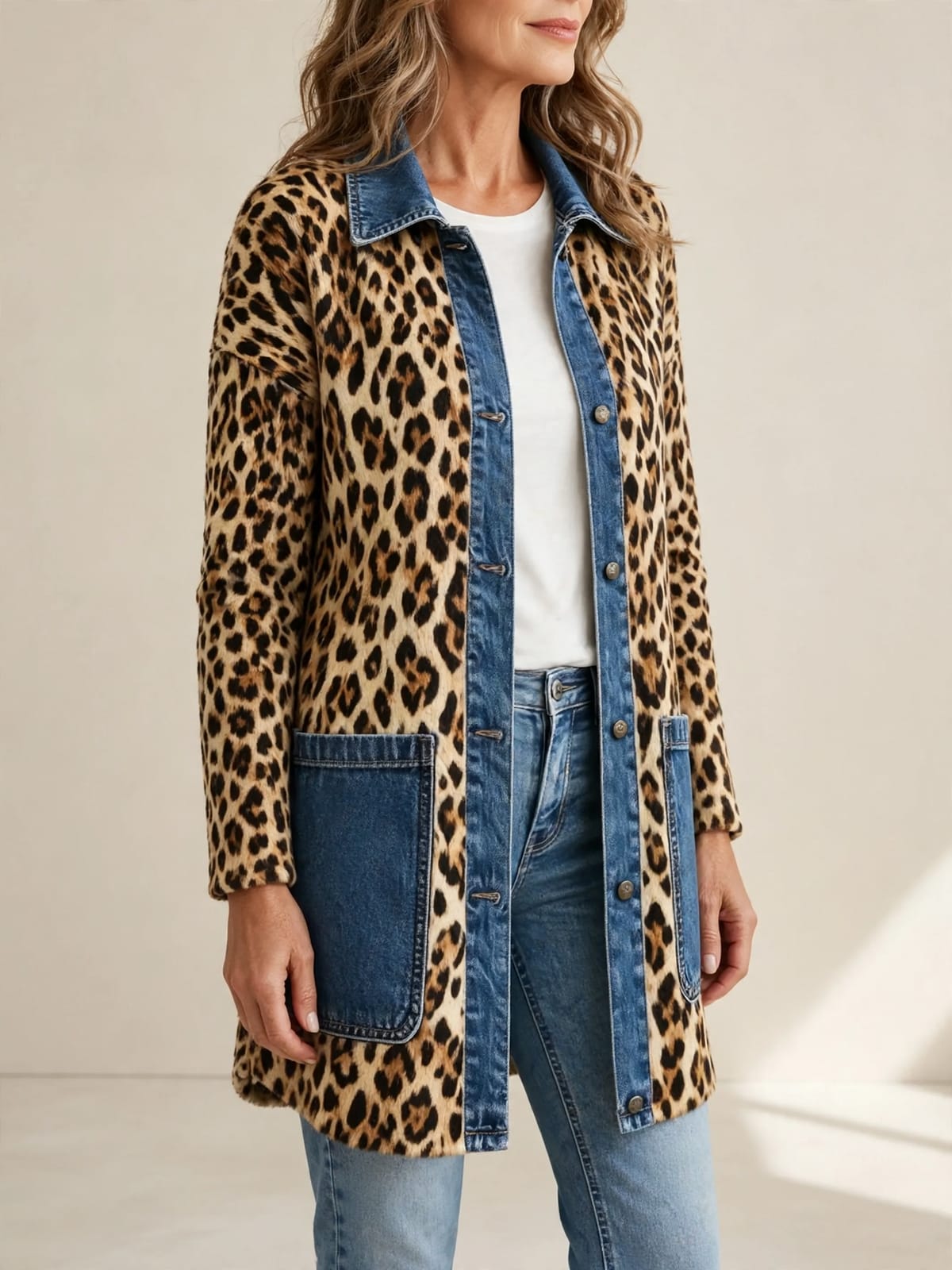 Fablenne – luipaardjas met denim – Driekwart