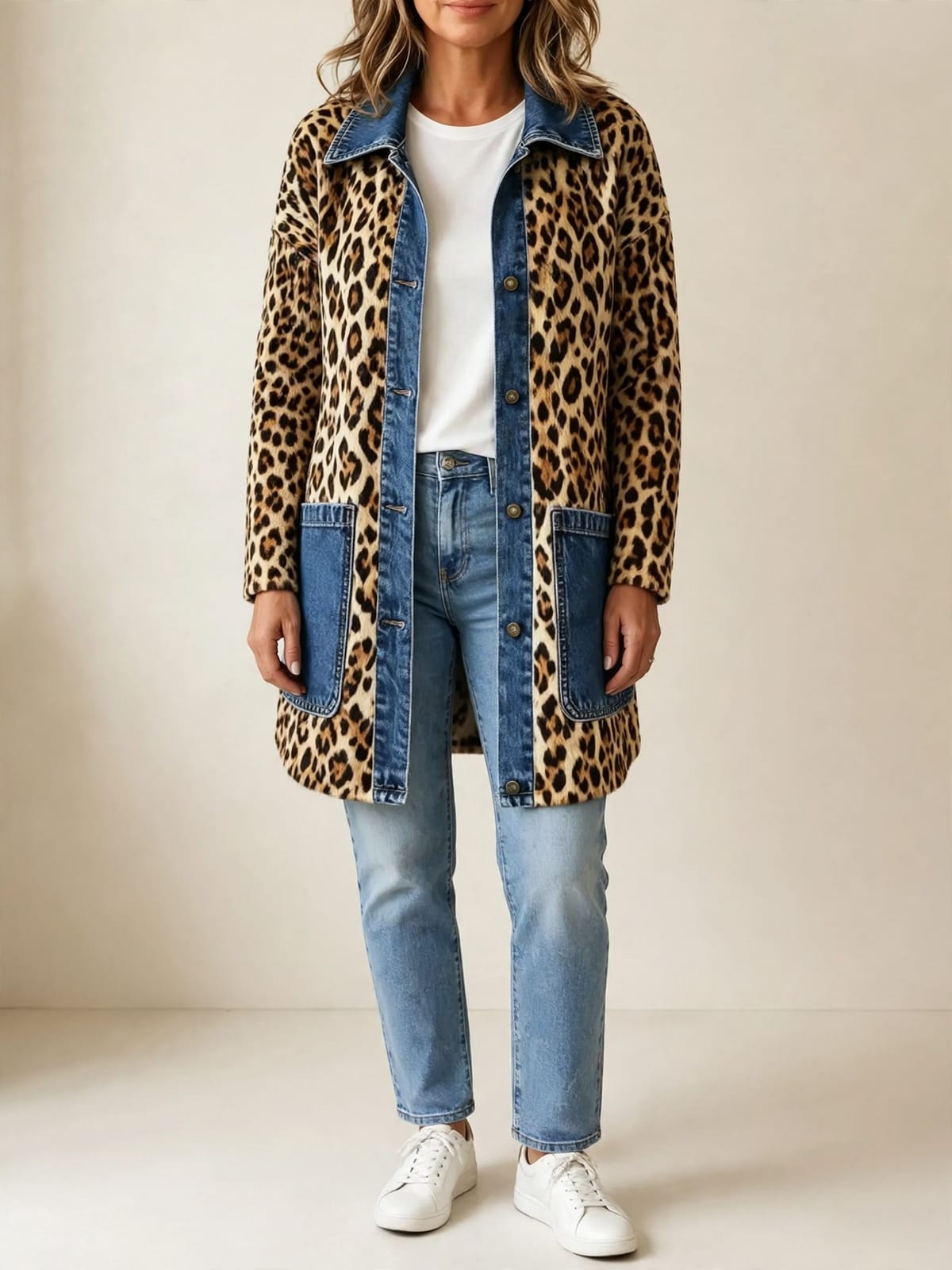 Fablenne – luipaardjas met denim – Hele lengte