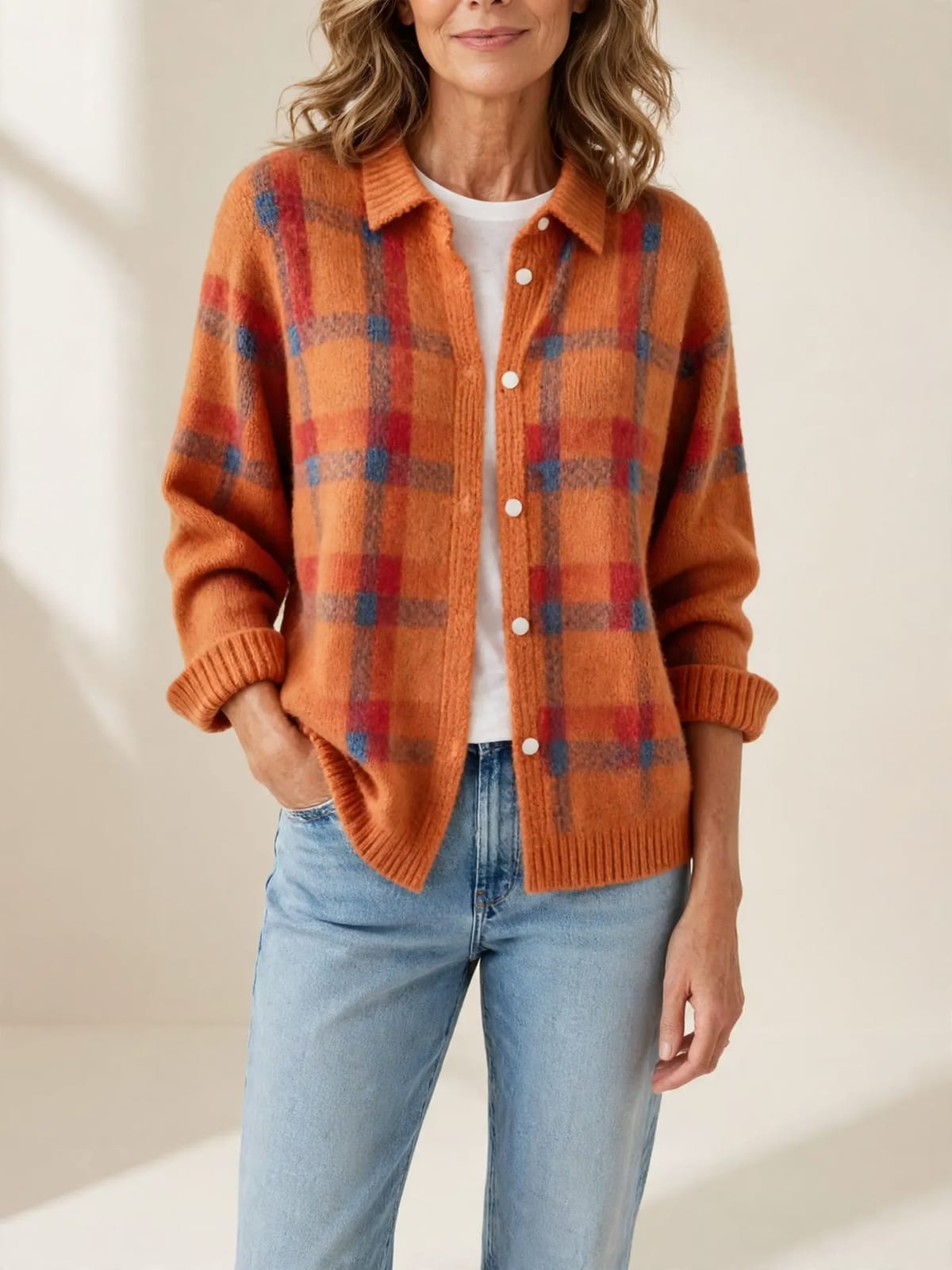 Fleur – geruit gebreid vest – Oranje – vooraanzicht