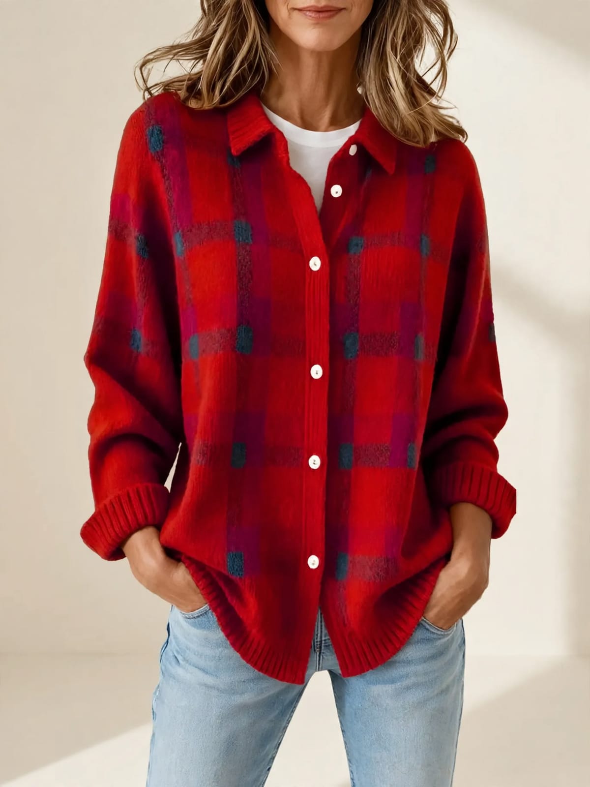 Fleur – geruit gebreid vest – Rood – driekwart