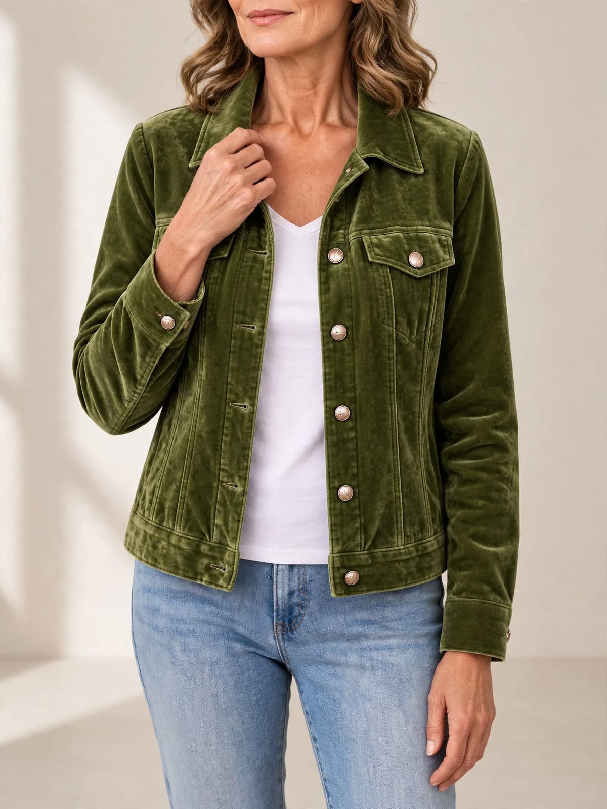 Hedda – boho fluwelen jas – Groen – hand bij hals