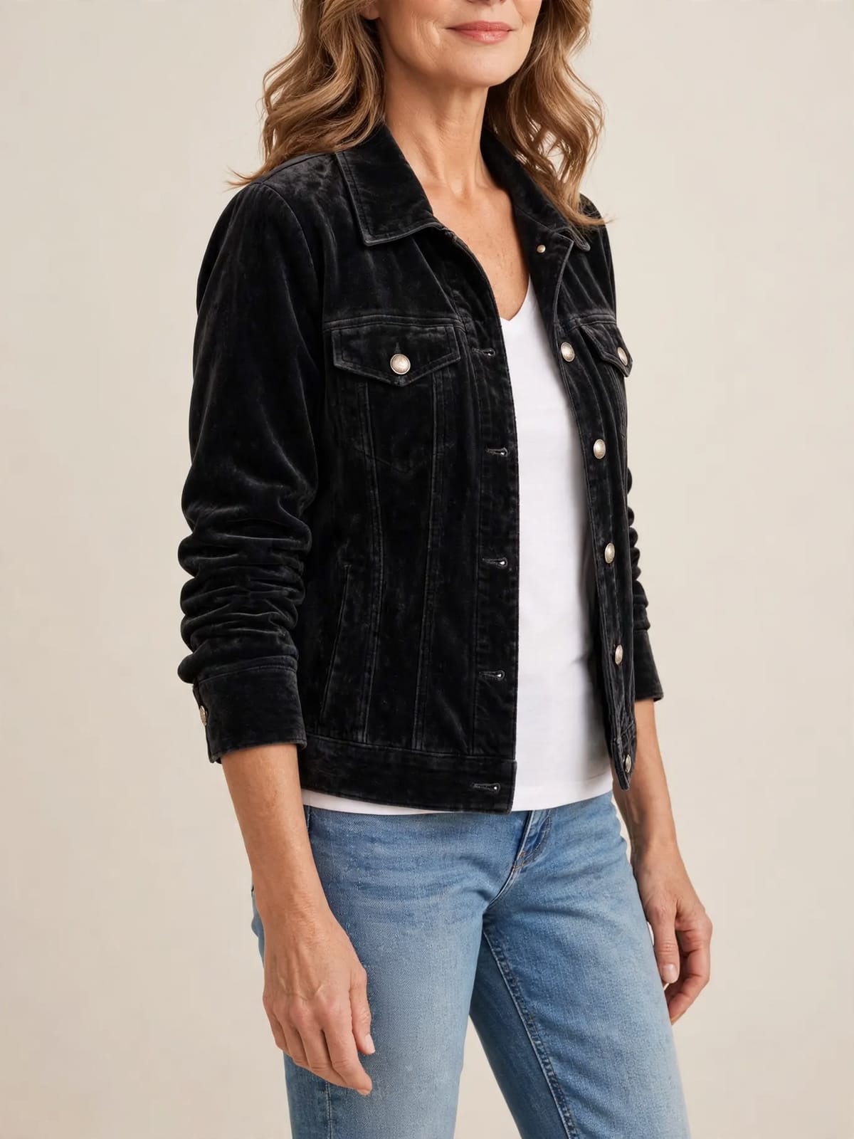 Hedda – boho fluwelen jas – Zwart – driekwart