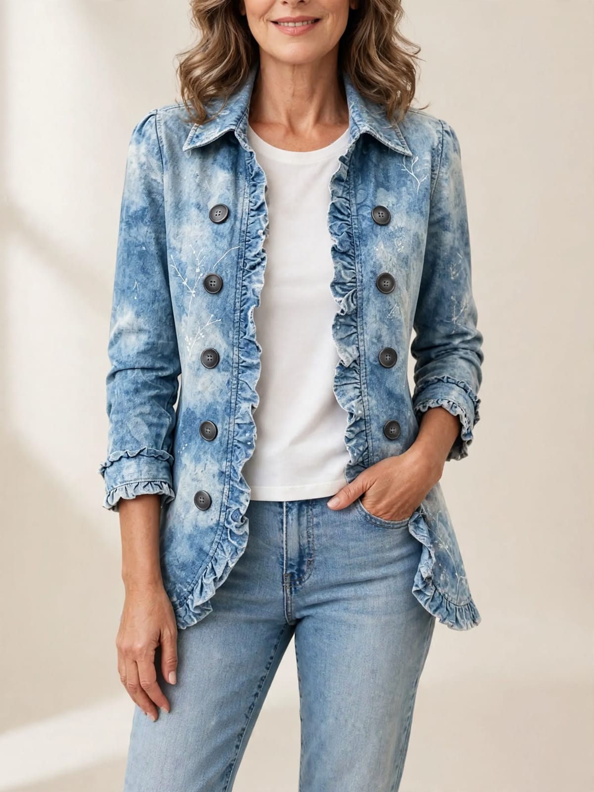 Jemison – vintage botanisch denim jasje – Vooraanzicht (open)