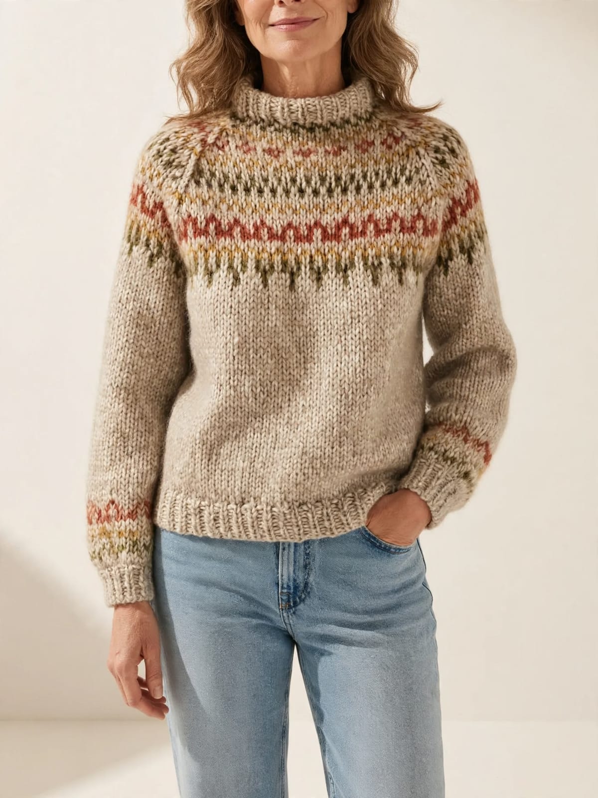 Khloe – gebreide trui met patroon – Beige – vooraanzicht