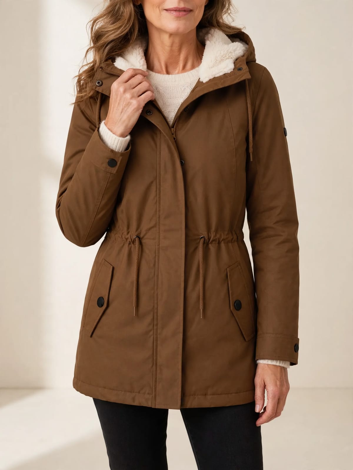 Kirsten – waterdichte winterjas – Khaki – hand bij hals