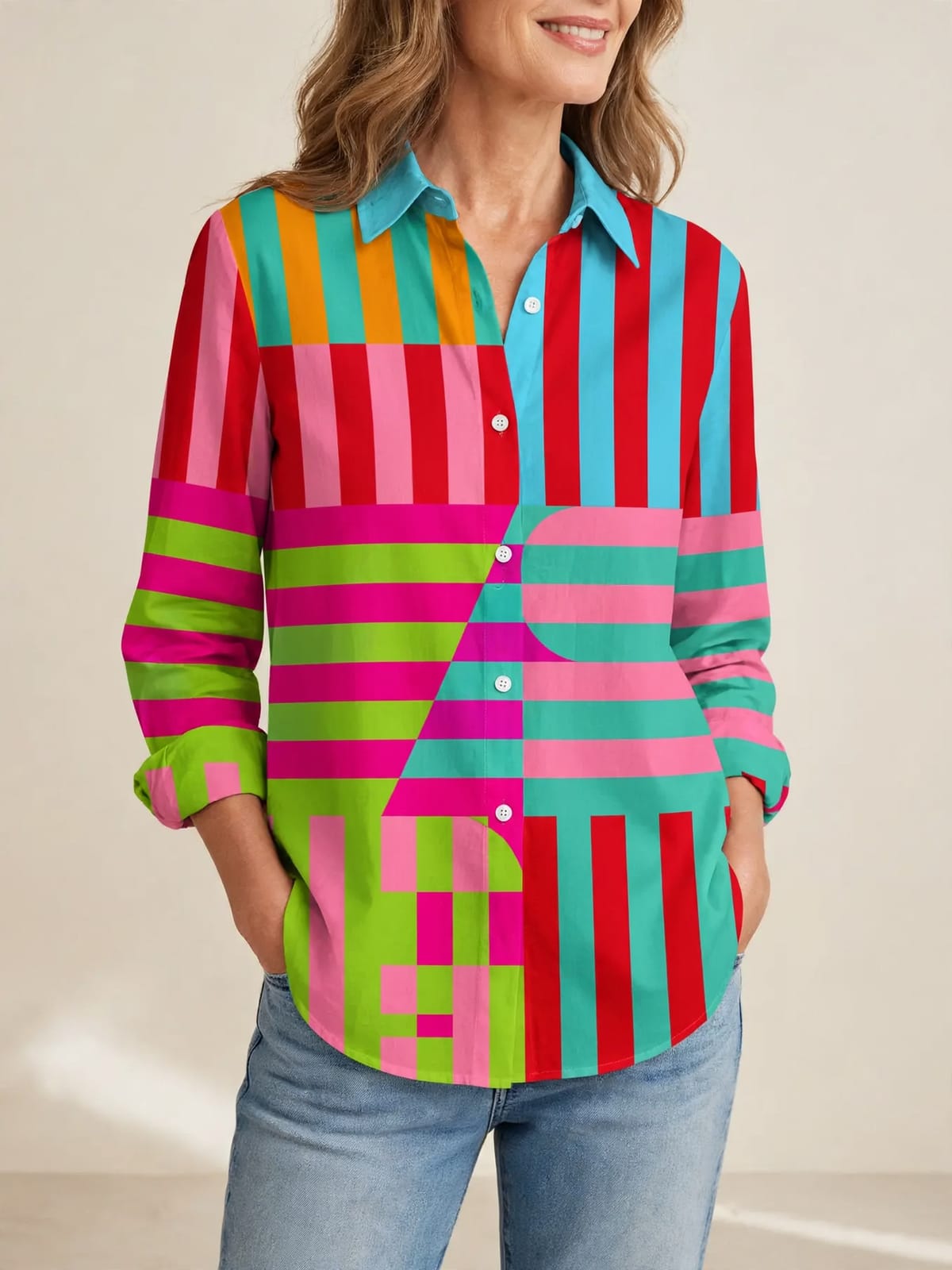 Kleurrijke blouse met streepprint – Driekwart
