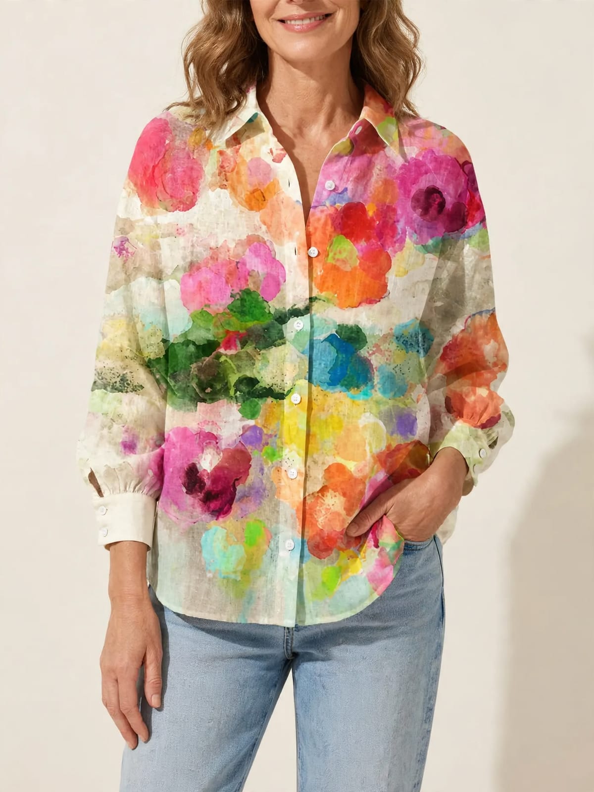 Lichte blouse met aquarelprint – Vooraanzicht