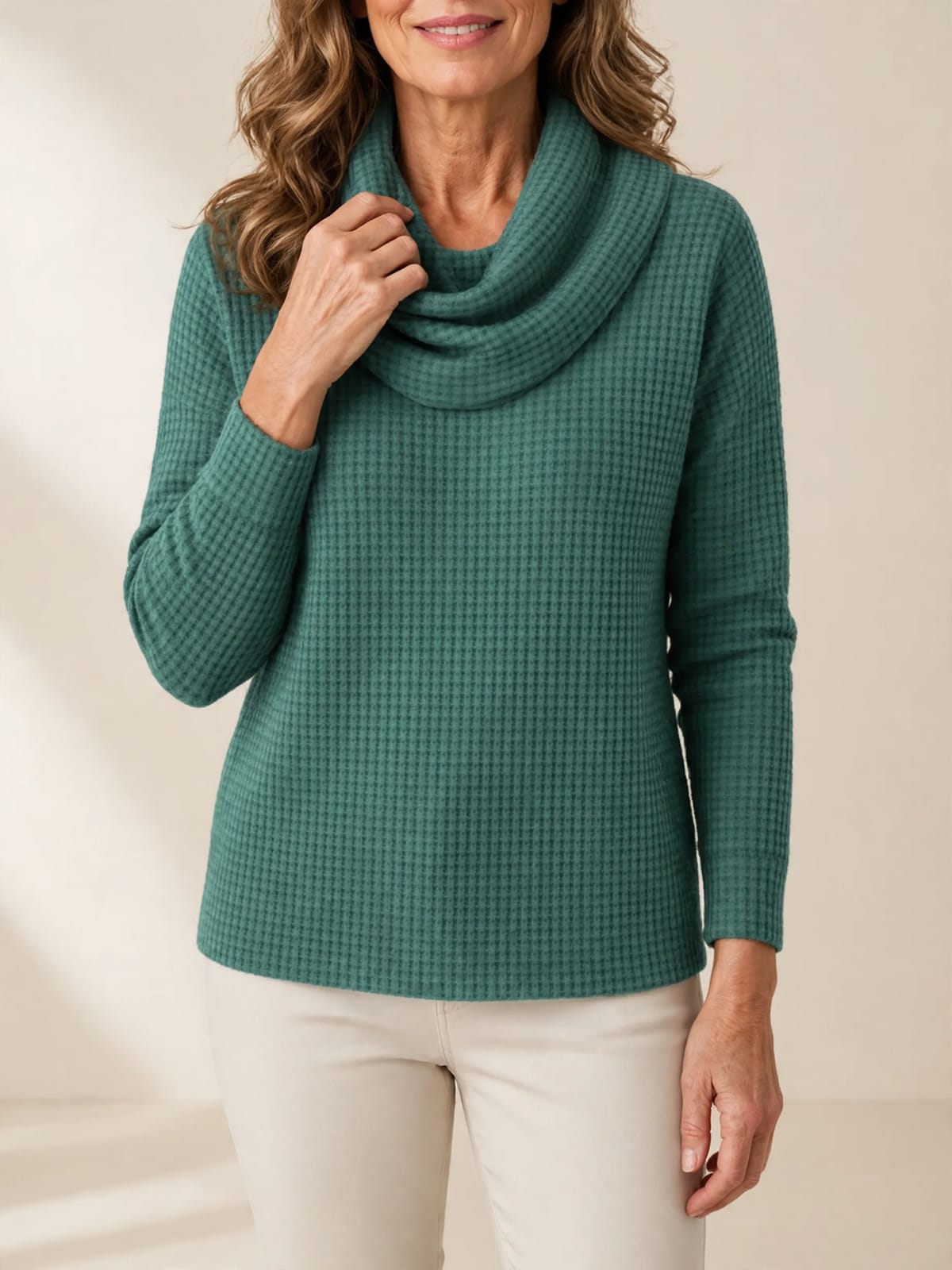 Lindsay – trui met watervalhals – Groen – hand bij hals