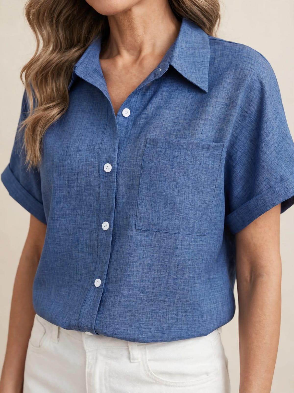Lobke – blouse met korte mouwen – Blauw – detail