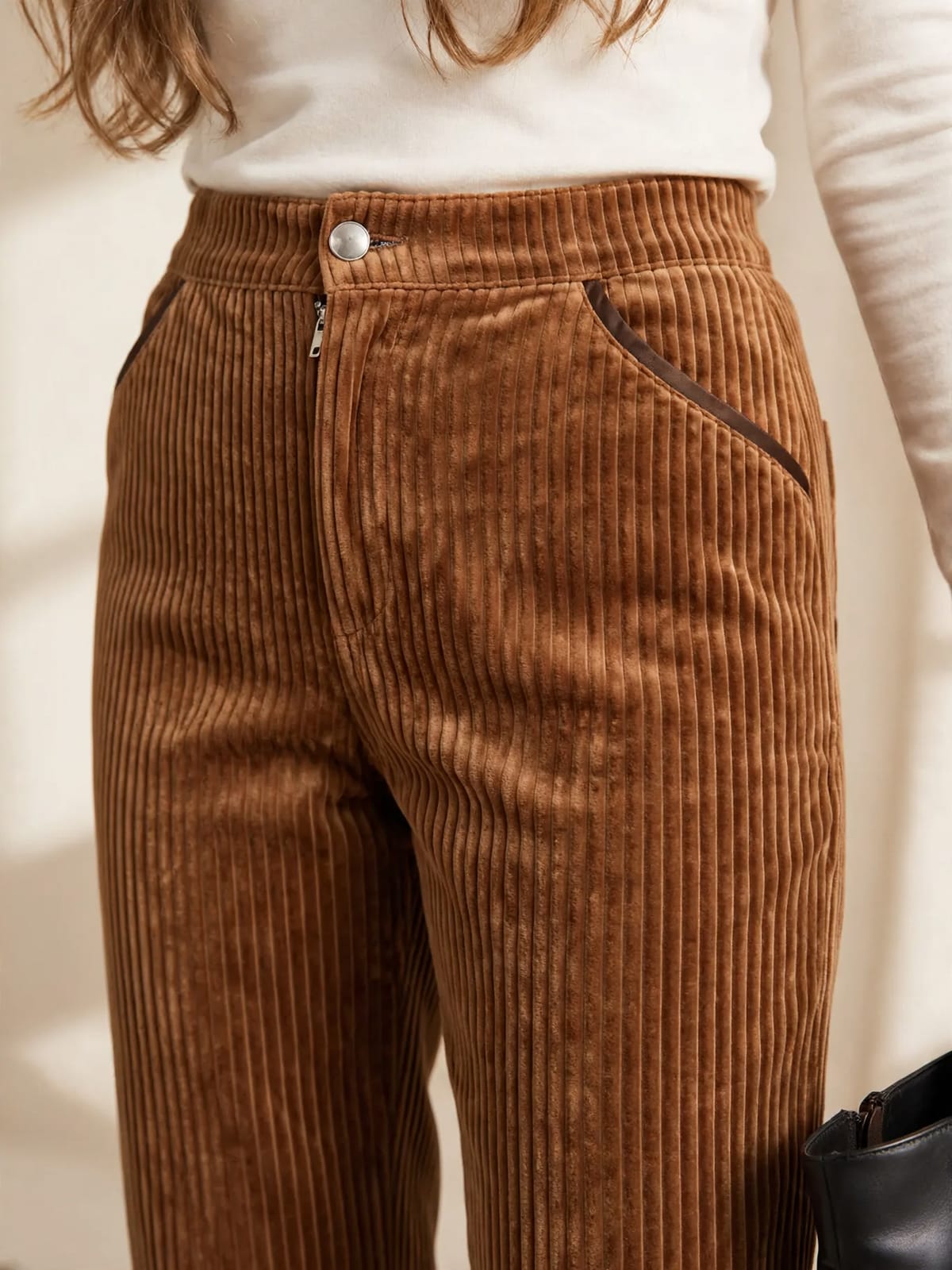 Lot – corduroy broek met hoge taille – Karamel – detail