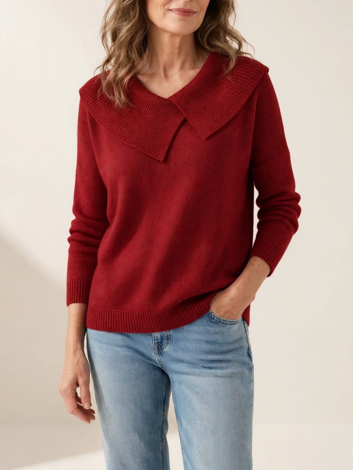 Lucy – warme trui met zachte kraag – Rood – vooraanzicht