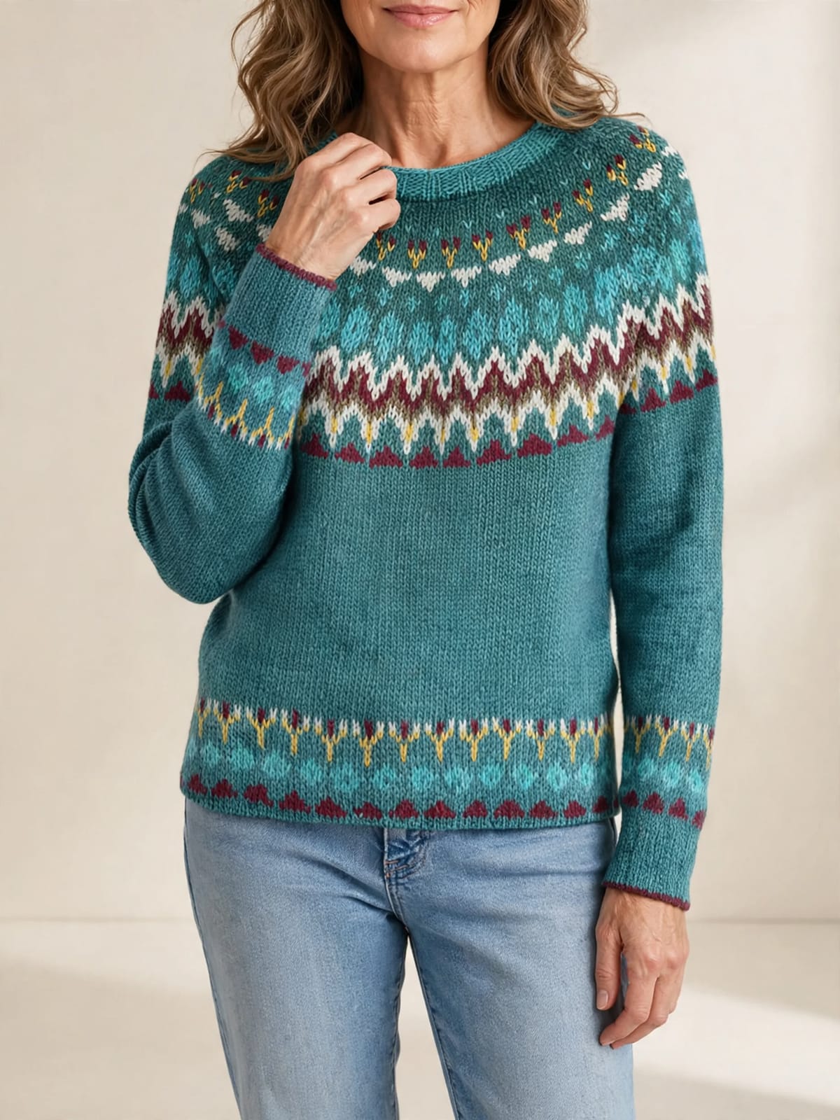 Magda – kleurrijke vintage trui – Hand bij hals
