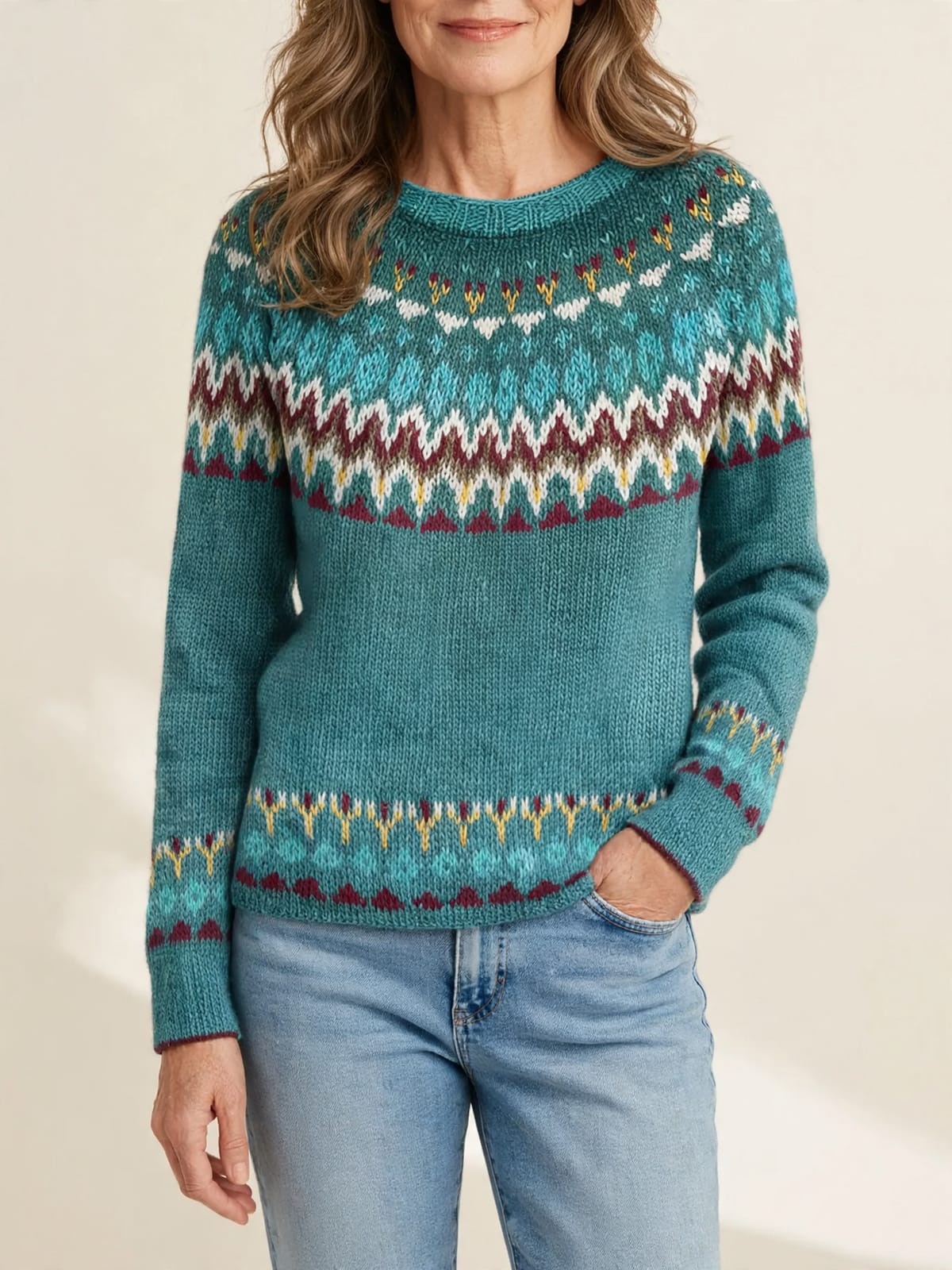 Magda – kleurrijke vintage trui – Vooraanzicht