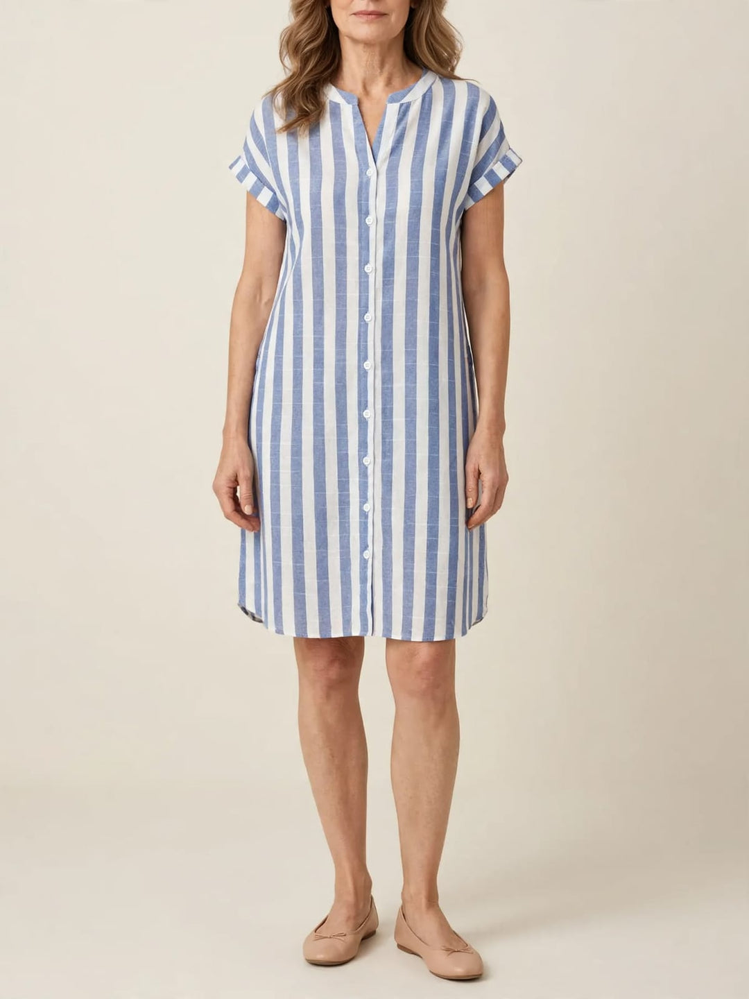 Mara | Gestreepte blousejurk met doorknoopsluiting en korte mouwen