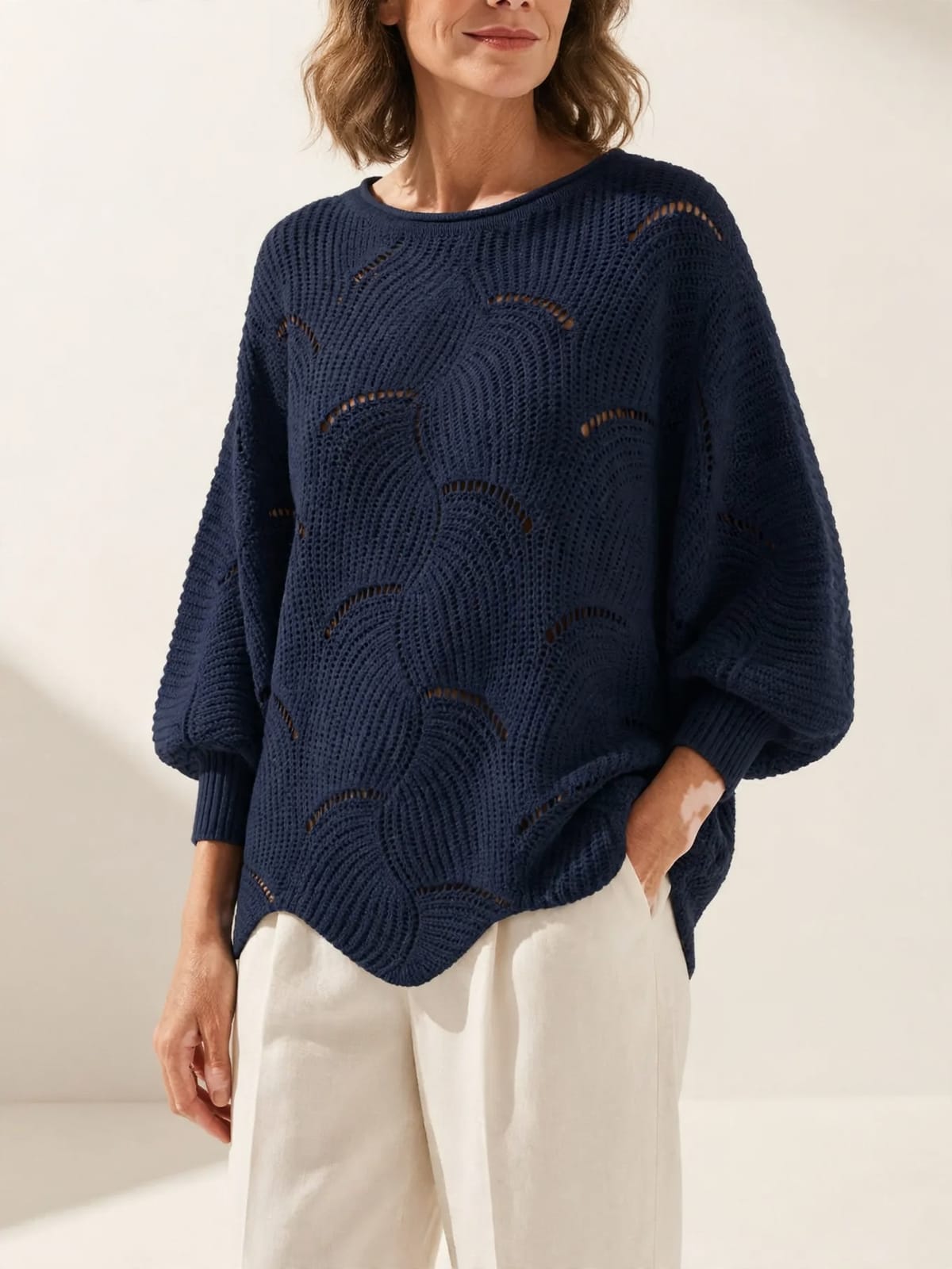 Marjanneke – golfpatroon trui – Marineblauw – vooraanzicht