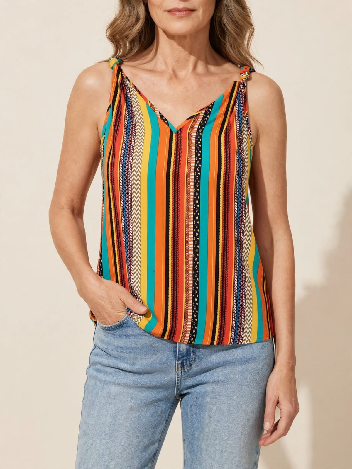 Marloes – blouse met kleurrijke strepen – Vooraanzicht