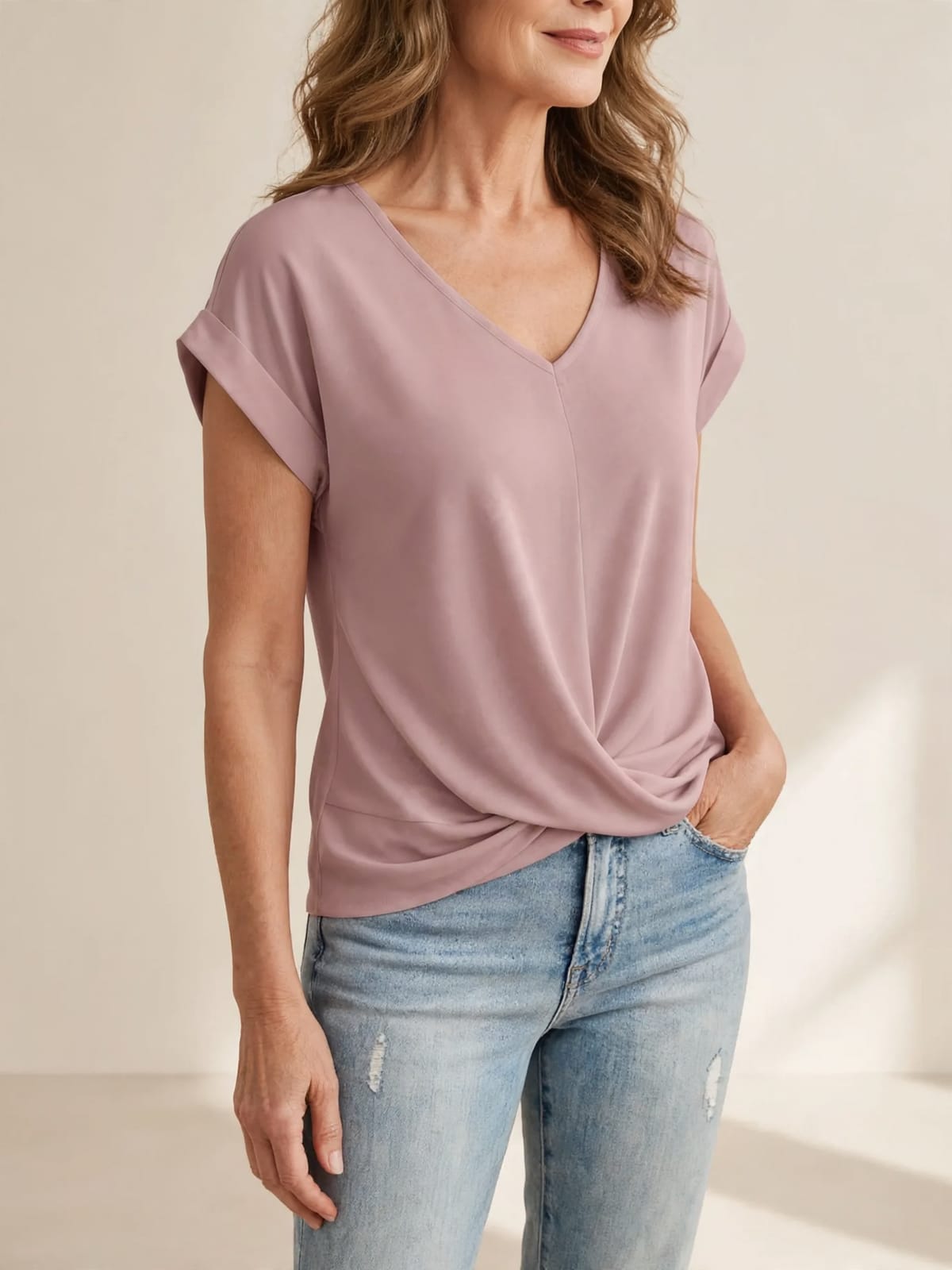 Montana – top met V-hals – Lichtroze – driekwart
