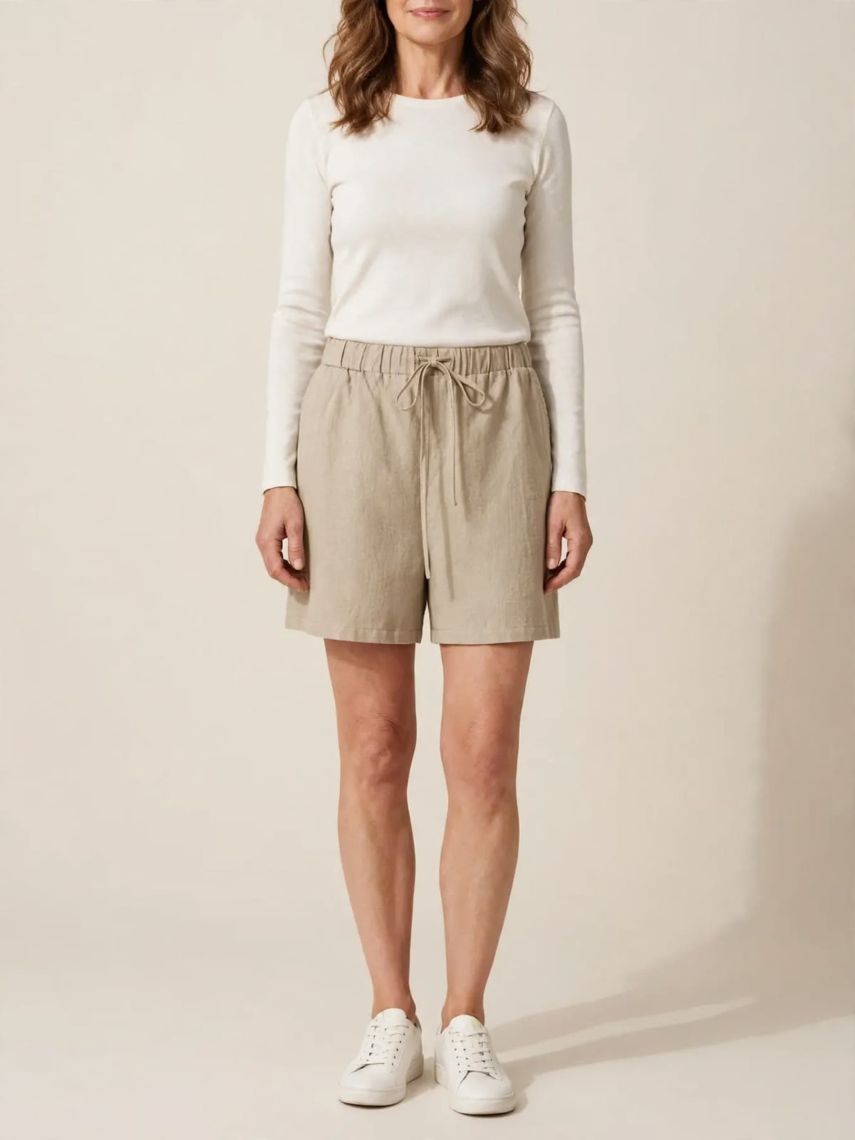 Sophie – korte broek met trekkoord – Khaki – hele lengte